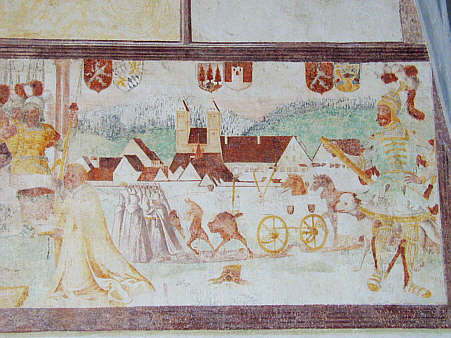 Ausschnitt aus der Welfengenealogie: Klosterkirche und Ort Steingaden um 1580