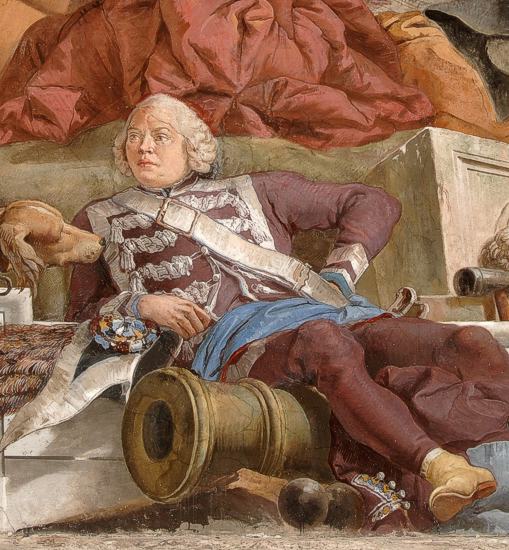 Bildnis Balthasar Neumanns im Deckenfresko über dem Treppenhaus der Residenz Würzburg, gemalt von Giovanni Battista Tiepolo, 1753. Bild: © Bayer. Schlösserverwaltung