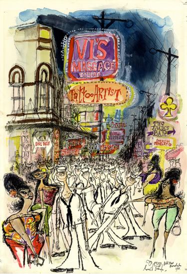 Ronald Searle, « Hamburg, St pauli im Morgengrauen », 1967. Tuschelavis auf dickem Papier. Collection Musée Tomi Ungerer - Centre international de l'Illustration © Copyright the estate of Ronald Searle. Photo : Musées de la Ville de Strasbourg 