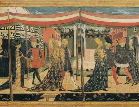 Szene aus dem Cassone Adimari: Hochzeitszug unter einem festlich aufgespannten Zelt