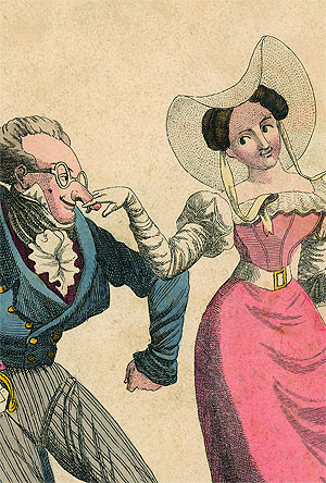 Unbekannter Künstler: Die Auserwählte eines Krähwinkler Zierbengels führt ihren Geliebten an der Nase herum