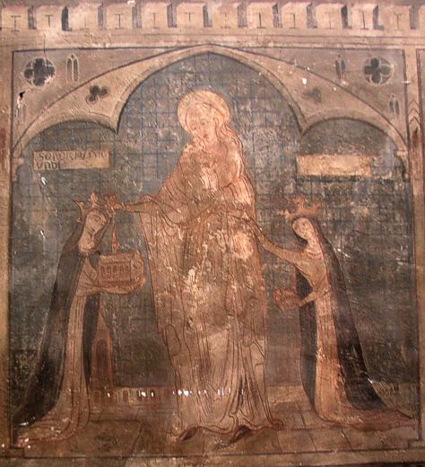 Lambrecht (Pfalz), ehem. Klosterkirche: "Soror Kunigund" &uuml;berreicht das Modell der auf ihren Auftrag errichteten Klosterkirche der Mutter Maria