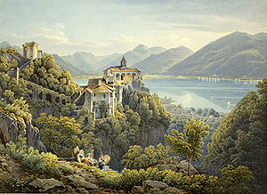 Mathias Gabriel Lory, genannt Lory fils (1784‒1846) Blick auf Madonna del Sasso (oberhalb Locarno) und den Lago Maggiore Aquarell über Bleistift, stellenweise gefirnisst, auf Papier Museum zu Allerheiligen Schaffhausen, Depositum Sammlung Bernhard Neher ‒ Schenkung Stiftung Oscar Neher