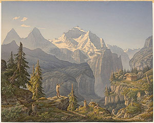 Gabriel Lory, genannt Lory père (1763–1840), Eiger, Mönch und Jungfrau von Isenfluh aus, Aquarell über Bleistift, stellenweise gefirnisst, auf Halbkarton, Museum zu Allerheiligen Schaffhausen, Sammlung Bernhard Neher / Schenkung Stiftung Oscar Neher 