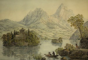 Gabriel Ludwig Lory, genannt Lory père (1763‒1840) Der Lauerzersee mit der Insel Schwanau gegen die Mythen Kolorierte Umrissradierung auf Papier Museum zu Allerheiligen Schaffhausen, Depositum Sammlung Bernhard Neher ‒ Schenkung Stiftung Oscar Neher