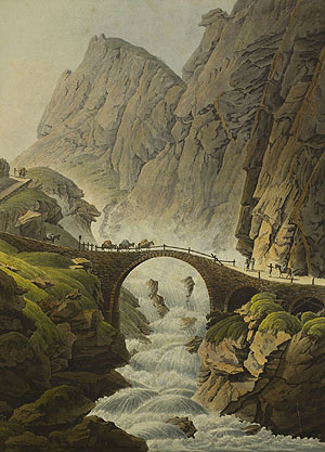Simon Daniel Lafond (1763‒1831), (Stecher, zugeschrieben) Gabriel Ludwig Lory, genannt Lory père (1763‒1840), (Zeichner, zugeschrieben) Die Teufelsbrücke Kolorierte Umrissradierung auf Papier Museum zu Allerheiligen Schaffhausen, Depositum Sammlung Bernhard Neher ‒ Schenkung Stiftung Oscar Neher
