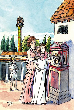 Illustration: Am Haustempelchen der Laren. © Archäologisches Museum Colombischlössle