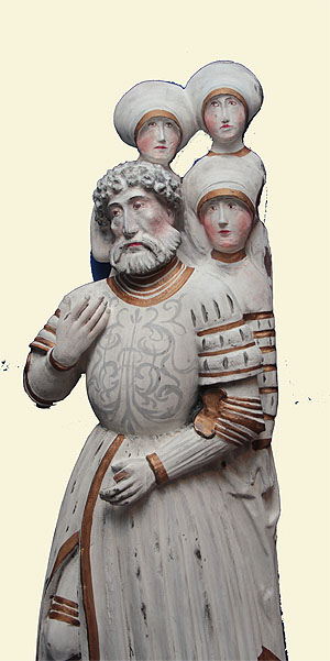 Herzog Ludwig der Strenge mit seinen drei Gemahlinnen. Original Holz, bemalt, 1503-1508. Bayer. Nationalmuseum München. Kopie Mannheim, Curt-Engelhorn-Stiftung.