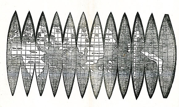 Offenburger Globussegmentkarte von Martin Waldseemüller. Saint-Dié-des-Vosges, 1507. Holzdruck auf Papier. Historische Bibliothek Offenburg. Foto: Museum im Ritterhaus