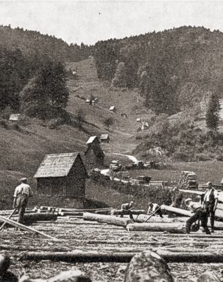 Zimmer- und Holzplatz bei Bermersbach. Im Hintergrund am Hang die f&uuml;r das Murgtal typischen Heustadel. Bad. Heimat 1937 S. 46