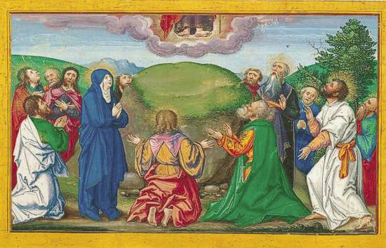Mathis Gerung: Himmelfahrt Christi, um 1530. Ottheinrich-Bibel. Bayerische Staatsbibliothek Cgm 8010(1/2, fol. 70r