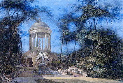 Apollotempel als Abschluss des davor liegenden Naturtheaters. Felsiger Sockel mit Quelle