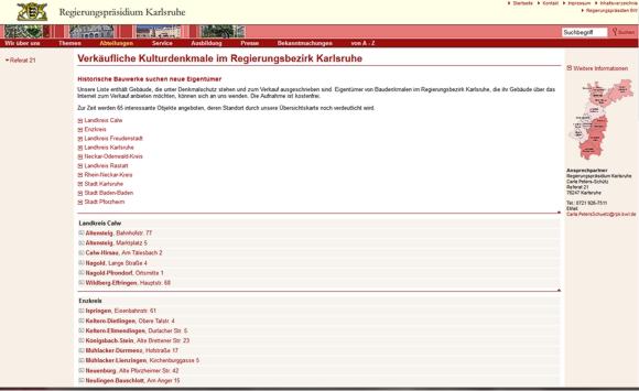 Webseite des Regierungspräsidiums Karlsruhe mit den dort zum Verkauf stehenden Baudenkmalen