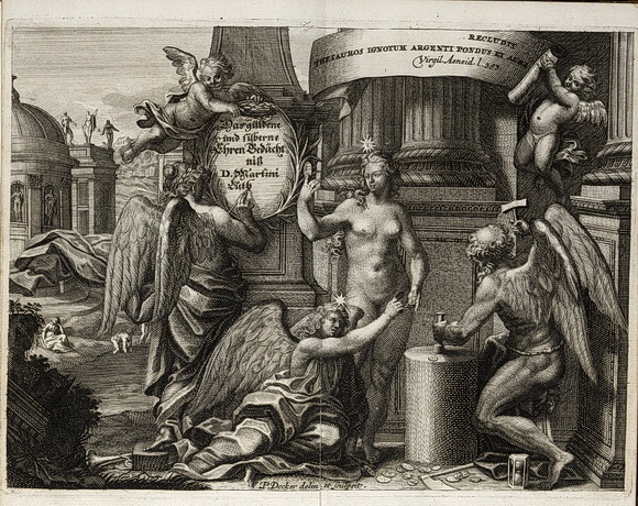 Titelblatt einer Sammlung von Reformationsgedenkmünzen, Kupferstich von Paul Decker. (aus: Das guldene und silberne Ehrengedächtnuß Des Theuren Gottes-Lehrers D. Martini Lutheri…, Schleusingen: Goebel; Frankfurt/Leipzig: Endters Erben, 1706)