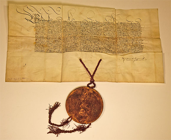 Verleihungsurkunde Kaiser Friedrichs III. f&uuml;r die Ritter von Fleckenstein. 23.09.1480. (Staatsarchiv Freiburg, T 100)