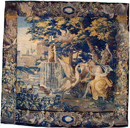 Tapisserie "Leda mit dem Schwan". Flandern, Mitte 17. Jh. Wirkerei in Wolle, und Seide auf Wollkette