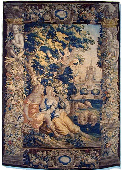 Jupiter täuscht in der Gestalt eines Schäfers die Nymphe Mnemosyne. Aus der Verbidnung entstammen die neun Musen. Flandern, Mitte 17. Jh. Wirkerei in Wolle, und Seide auf Wollkette 