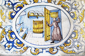 Küchenbetrieb. Fayencekachel aus dem Ofen im Sommerrefektorium von Kloster Salem. Foto: ssg/Hermann Böhne