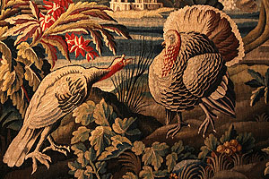 Schloss Bruchsal: Ausschnitt aus der Tapisserie "Landschaft mit Truthahnpaar", aus der Serie "Exotische Landschaften", Manufacture Royale d'Aubusson, Mitte 18. Jh.. Foto: kulturer.be