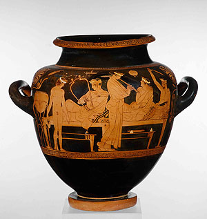 Das Idealbild eines gesitteten Symposions. Attisch rotfiguriges Weinmischgefäß, Ton, um 430 v. Chr. Staatliche Antikensammlungen München, Inv. SH 2410. © Staatliche Antikensammlungen und Glyptothek München, Renate Kühling