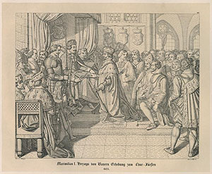 Erhebung Maximilian I. zum Kurfürsten. Lithographie von C. Waagen nach A. Eberle bei Dresely, um 1829. © Sammlung Jean Louis, München