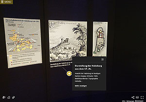 Blick in die digitale Ausstellung mit einer Darstellung der Burg Habsburg aus dem 17. Jahrhundert. Screenshot. Bild: HMP/kulturer.be