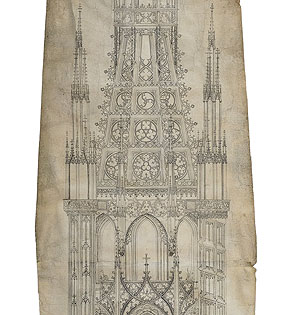 Johannes Hültz:’ Straßburger Münster, ursprünglicher Entwurf des TurmhelmsTurmspitze und Plattformgeschoss. Foto: Musee de l'Oeuvre Notre Dame