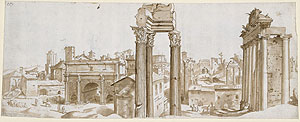 Maarten van Heemskerck, Blick auf das Forum Romanum, um 1532–1536, Vorzeichnung in schwarzer Kreide, Feder in Braun, braun und grau laviert, © Staatliche Museen zu Berlin, Kupferstichkabinett / Volker-H. Schneider