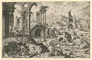 Hieronymus Cock nach Maarten van Heemskerck, Der hl. Hieronymus in einer Ruinenlandschaft, 1552, Radierung, © Staatliche Museen zu Berlin, Kupferstichkabinett / Dietmar Katz