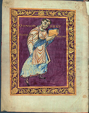 Illumination aus dem Egbert-Psalter mit den Bild des thronenden Erzbischofs Egbert.