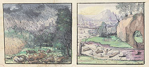Darstellung von extremen Niederschlägen und Hochwassern von 1275 im „Ehrenspiegel“ des Jakob Fugger.